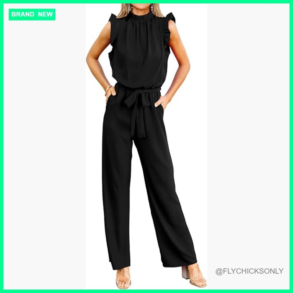 Polyester Jumpsuit with Ruffle Mock Neck, Belt, and Pockets